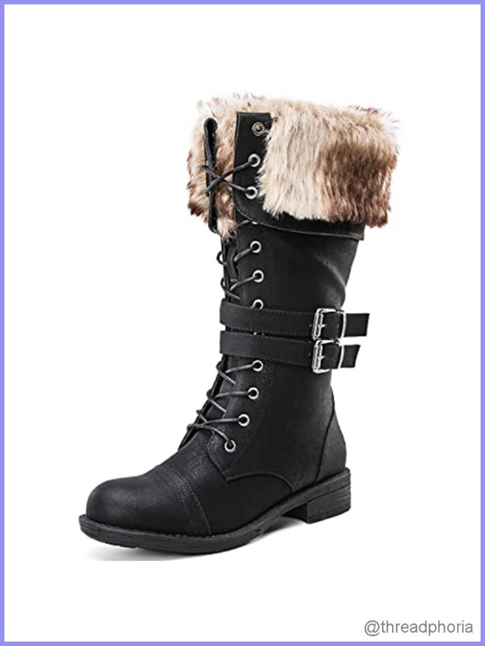 Mid Calf To Knee High Lace Up Combat Boots Faux Leather Low Heel Faux Fur